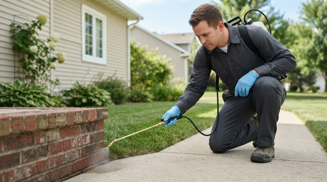 Pest control technician treating a home near Schoolcraft, MI