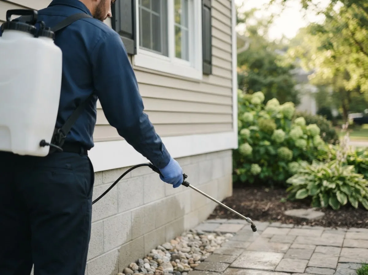 Pest control technician inspecting a home in Schoolcraft, MI